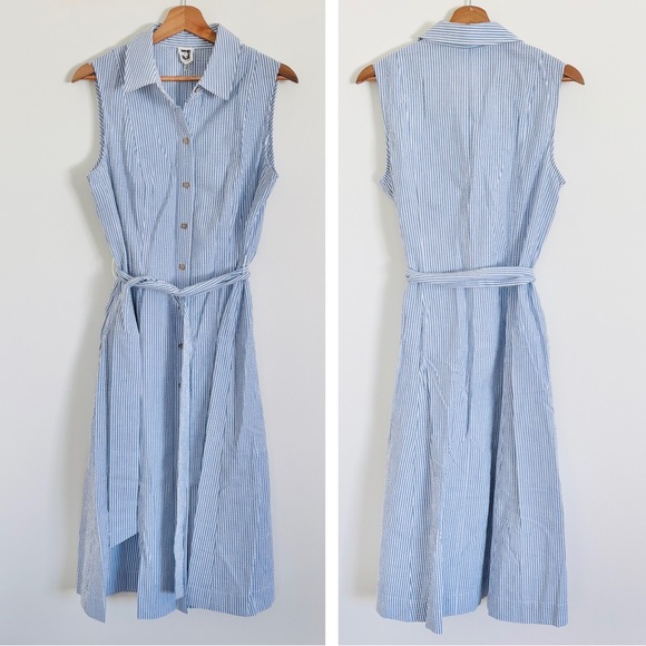Anne Klein Dresses & Skirts - Anne Klein Sleeveless Belted-Waist Dress in Blue & White Seersucker